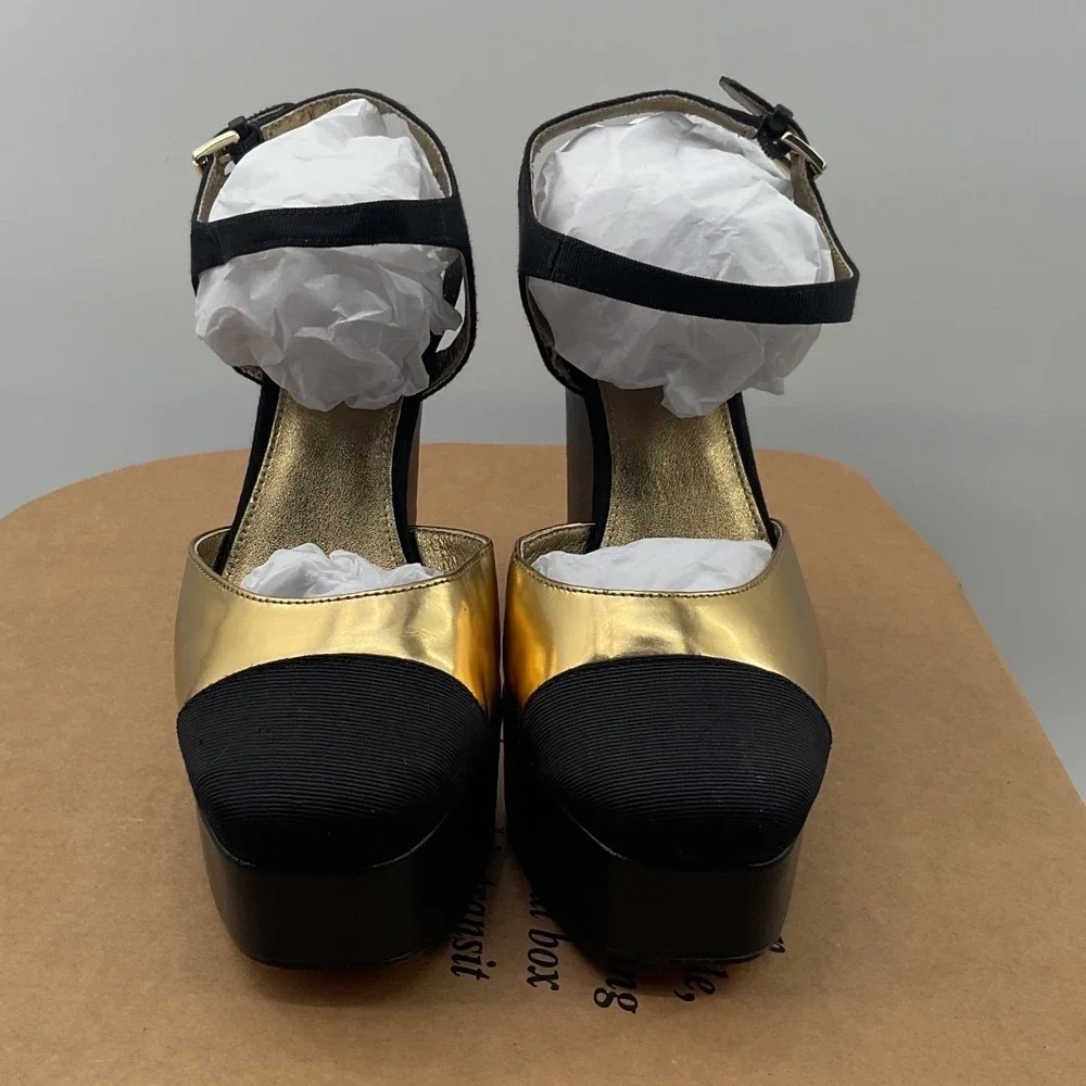 Michael Kors Bennett Gold Black Platform Block Heel Sandals Womens 6M Resort 19